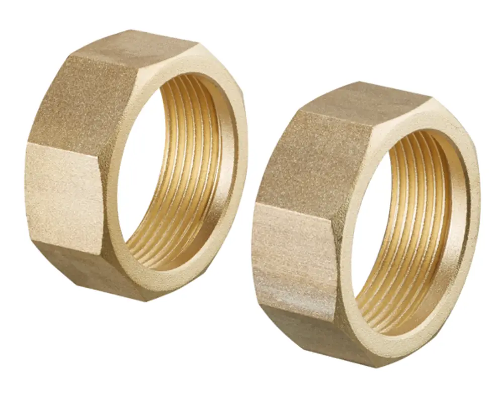 Zwei goldfarbene Überwurfmuttern aus Metall, jeweils mit Innengewinde, auf weißem Hintergrund. Produkt von Oventrop, geeignet für Anschlussanwendungen.